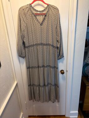 Boho Tiered V-Neck  Dress in Beige and Navy